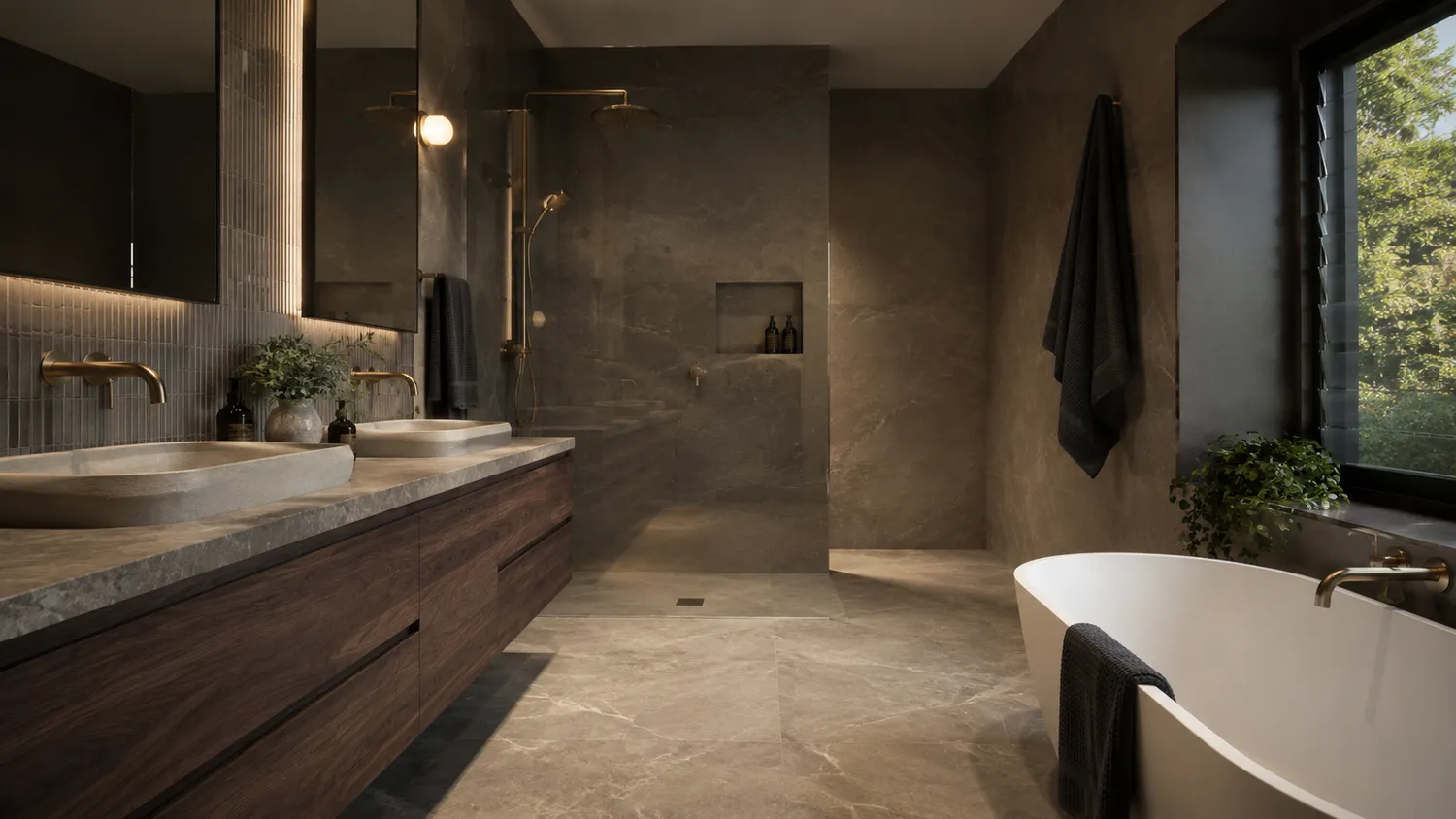dark bathroom with timber vanity, bath and tiled walls