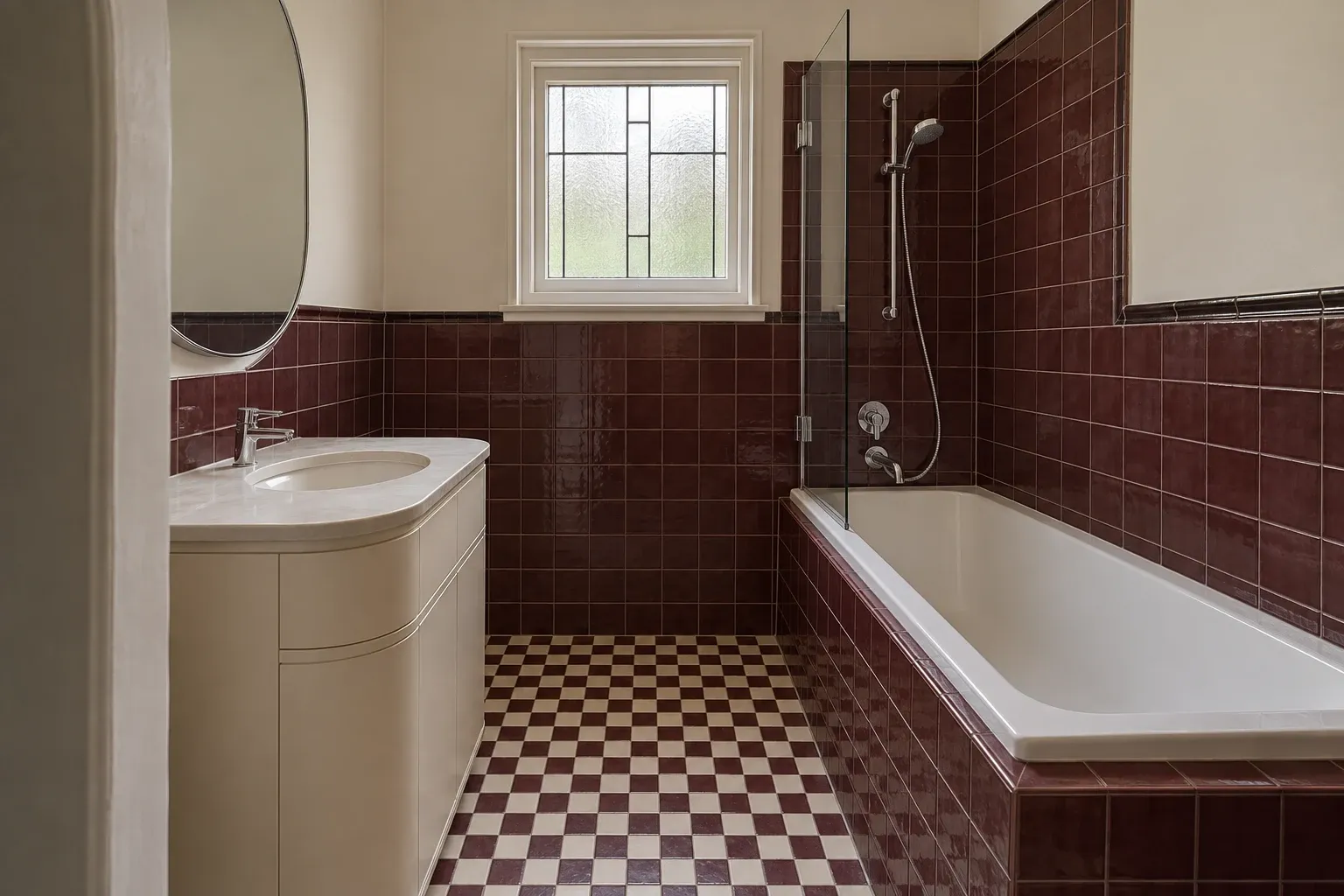 Burgundy tile and a checkerboard floor — bathroom design inspiration