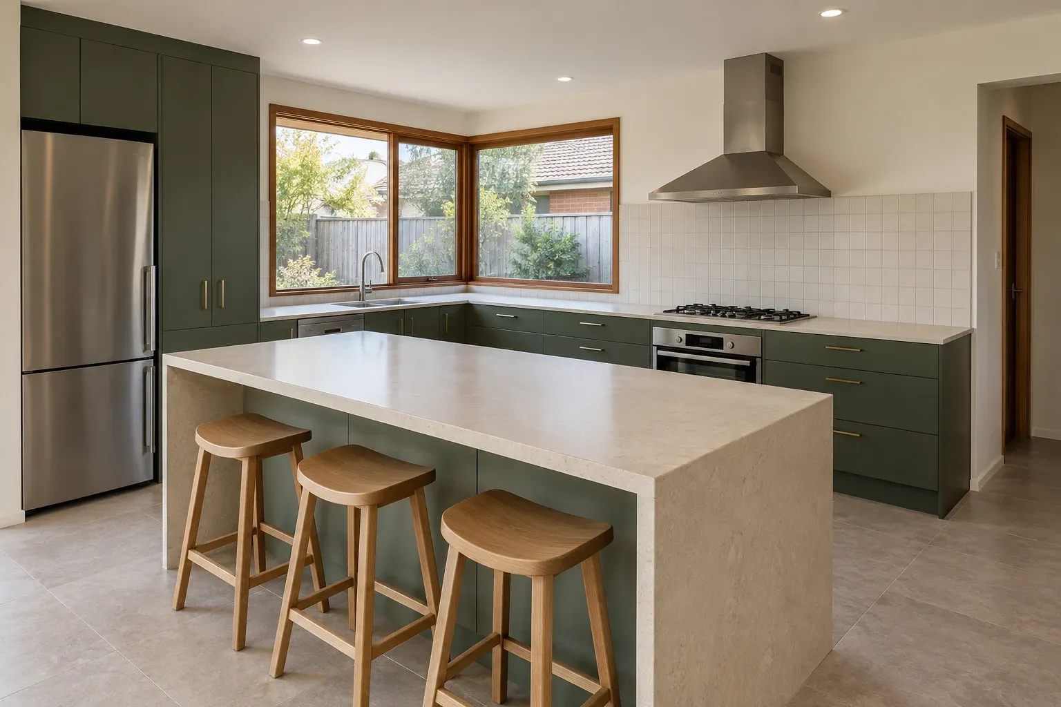 Eucalyptus green around a family island — kitchen design inspiration
