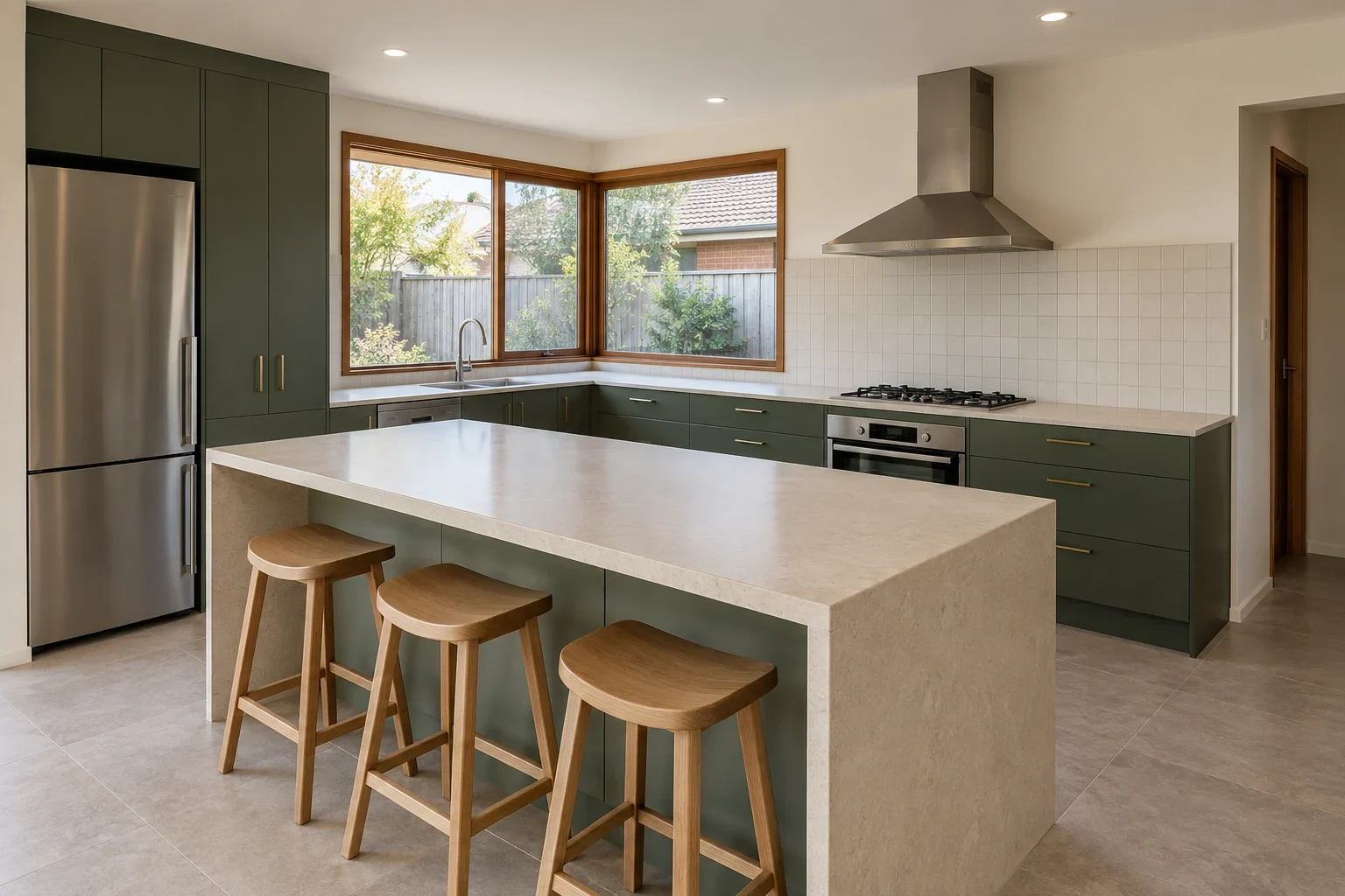 Eucalyptus green around a family island — kitchen design inspiration