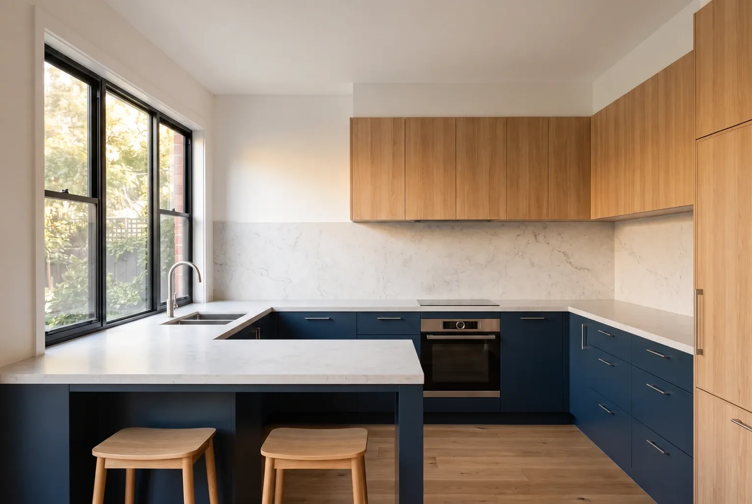 Kitchen inspiration with ink-blue cabinetry, oak overhead cupboards and a clear peninsula