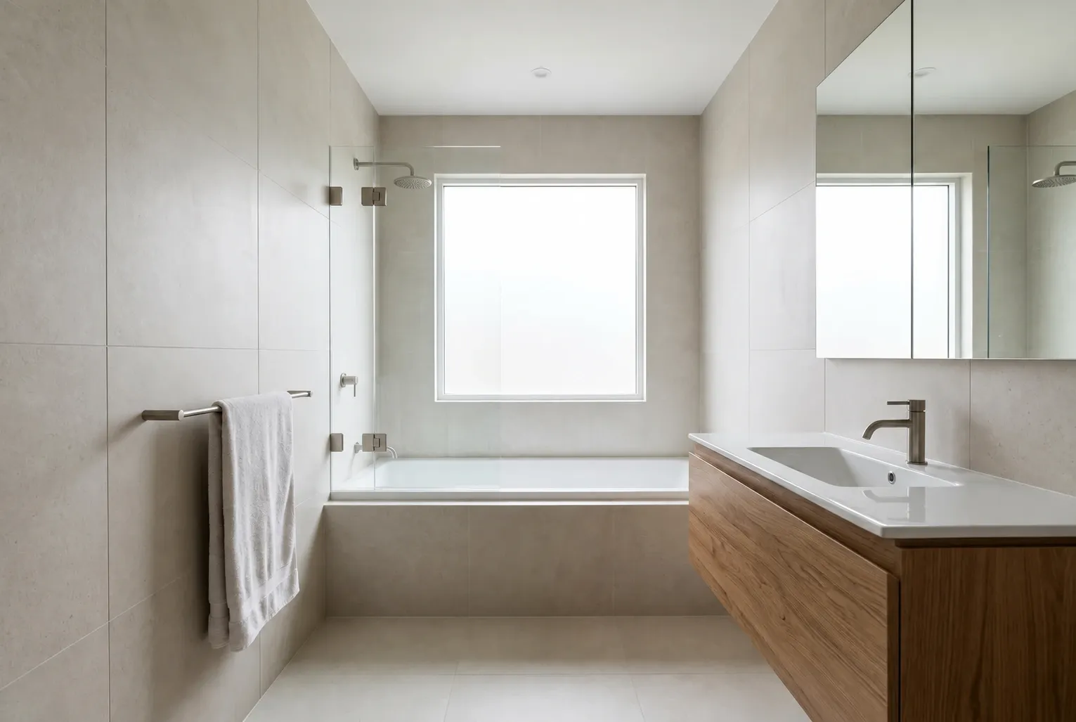 Bathroom inspiration with limestone-look tiles, a built-in bath and oak vanity