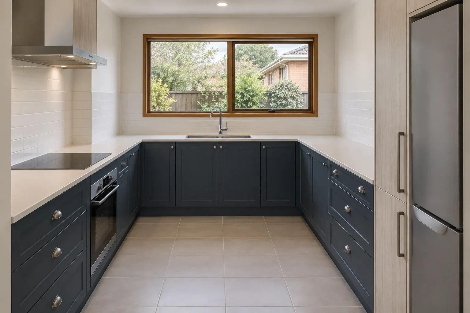 Navy cabinetry around a U-shaped kitchen — kitchen design inspiration