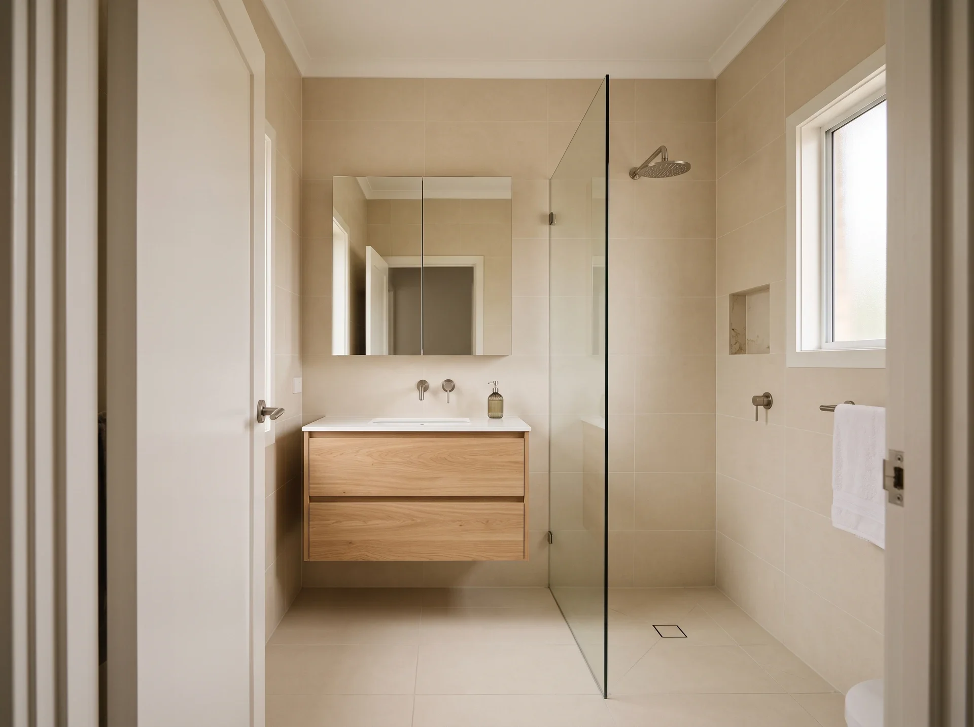 Bathroom design inspiration with a floating oak vanity, ivory tiles and a walk-in shower