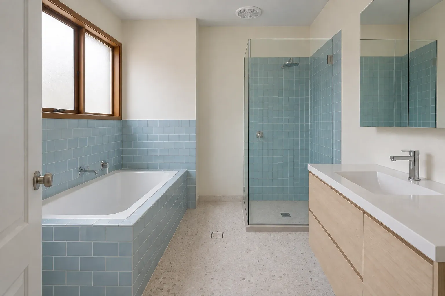 Powder blue with a separate bath and shower — bathroom design inspiration