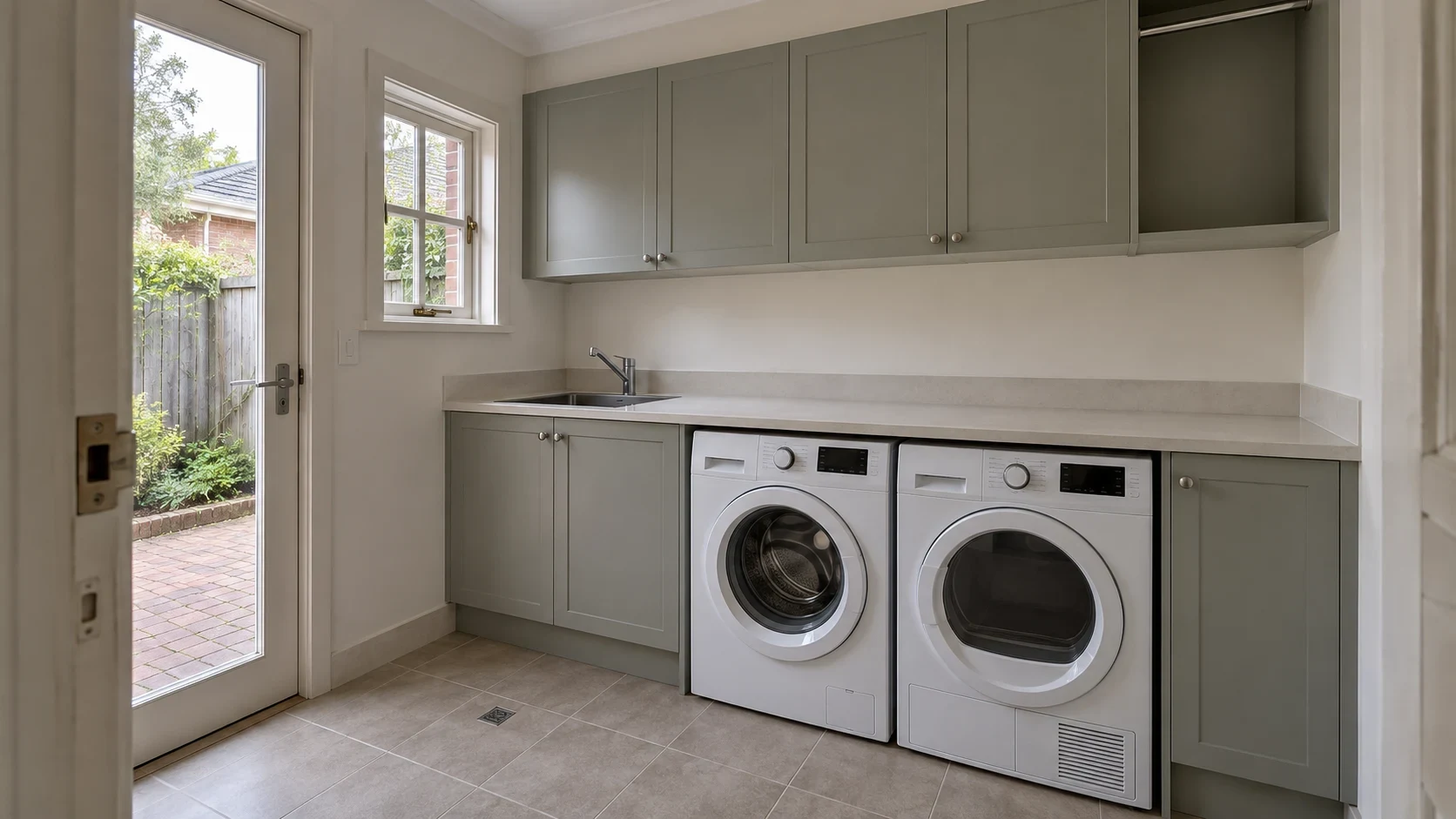 Sage cabinetry beside the garden