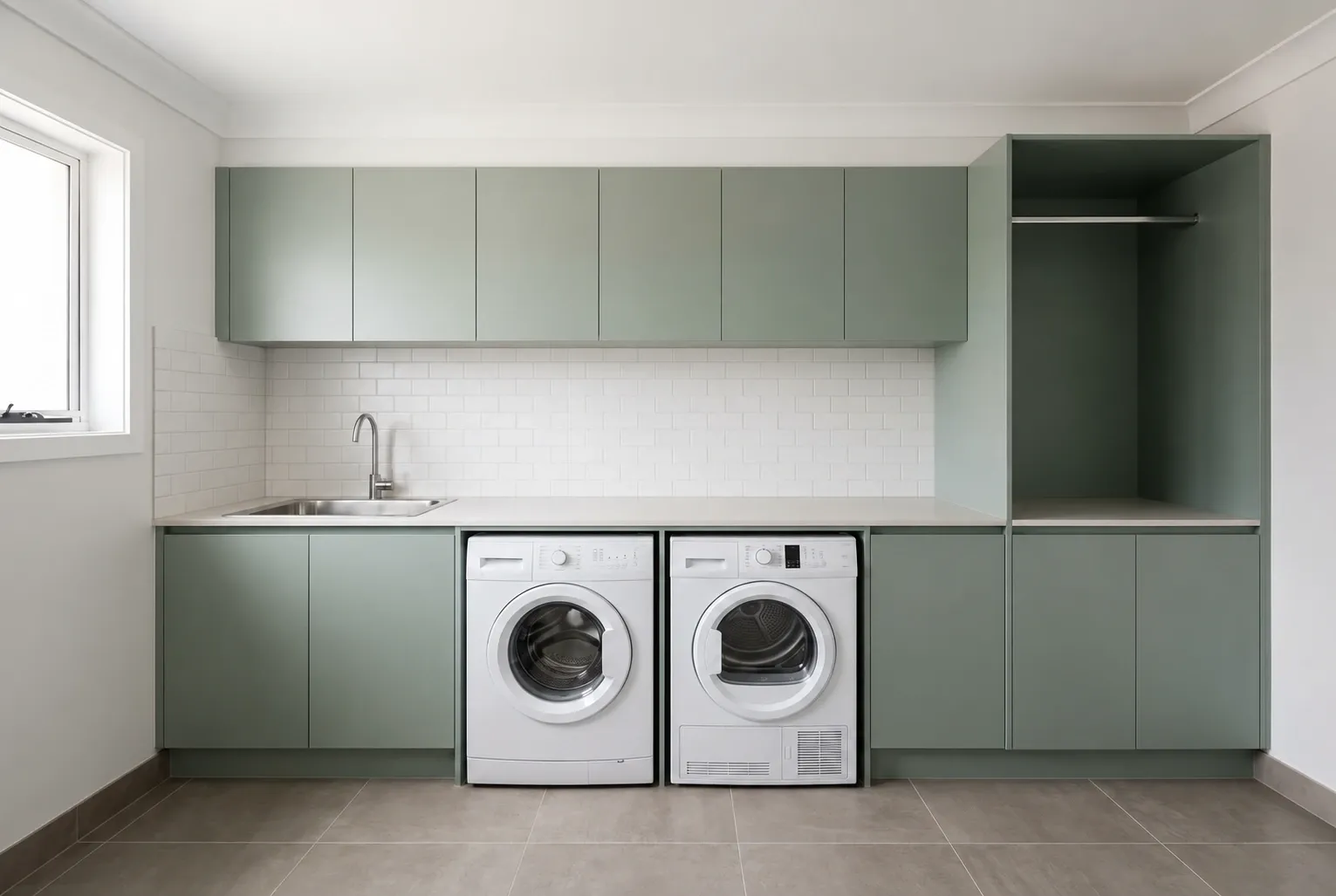 Laundry inspiration with sage cabinetry and a continuous benchtop over side-by-side appliances