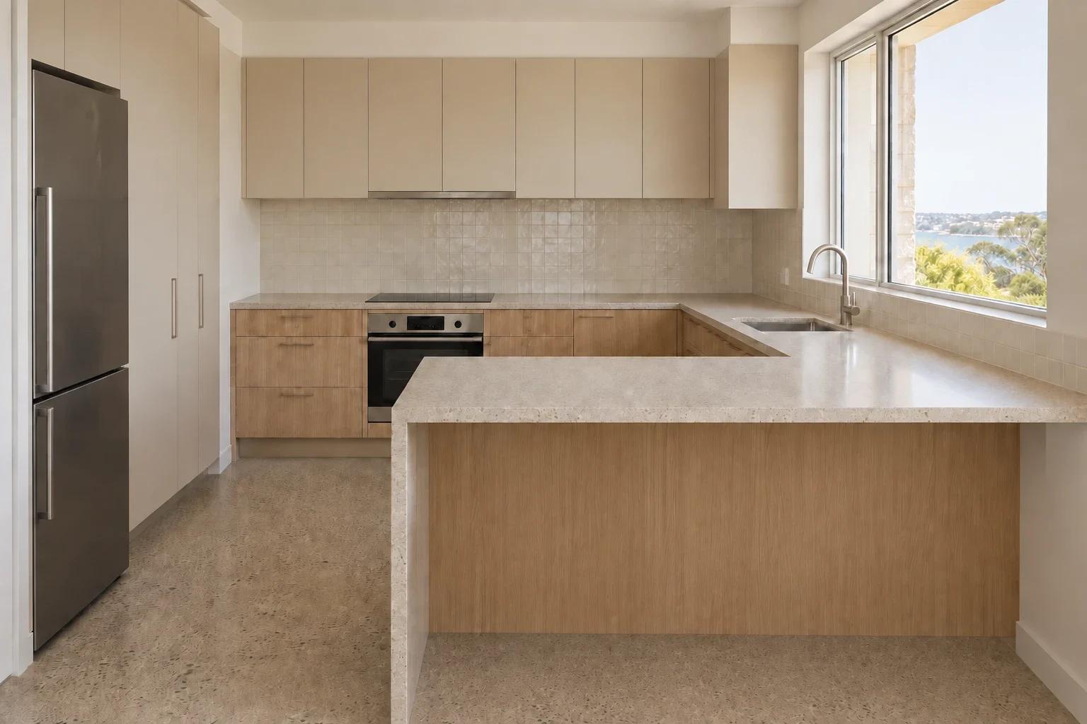 Sand and oak around a peninsula — kitchen design inspiration