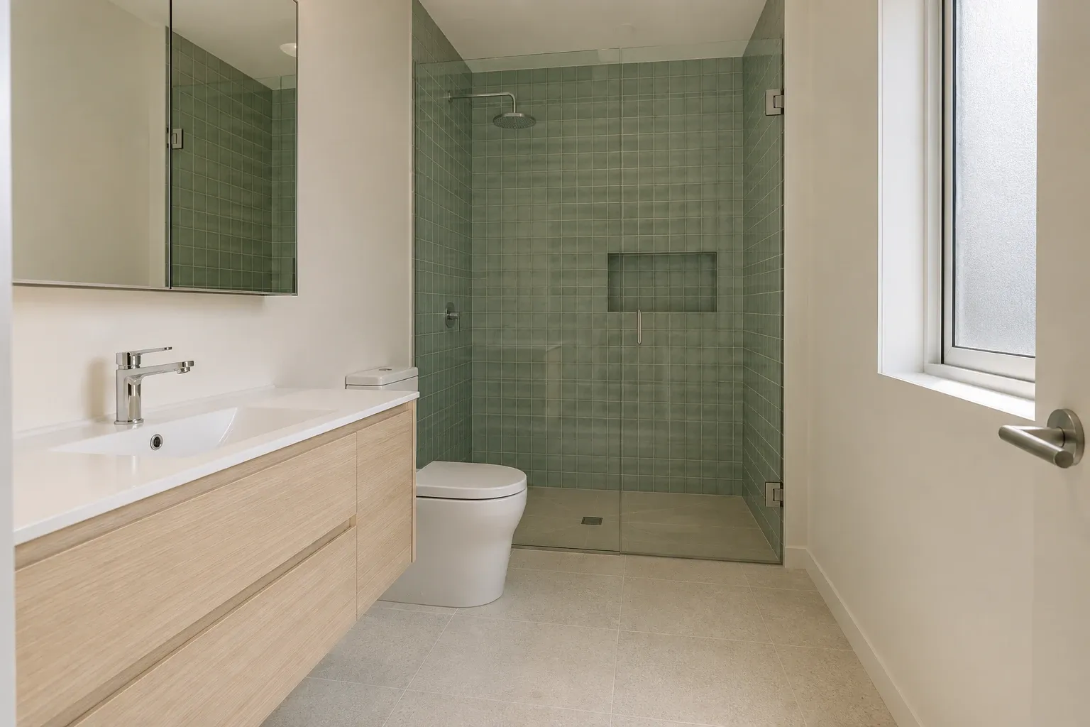 Seafoam tile and pale oak — bathroom design inspiration