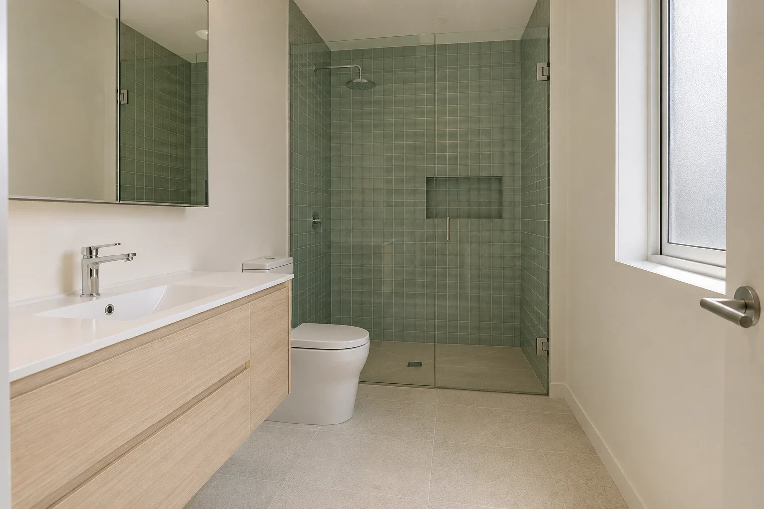 Seafoam tile and pale oak — bathroom design inspiration