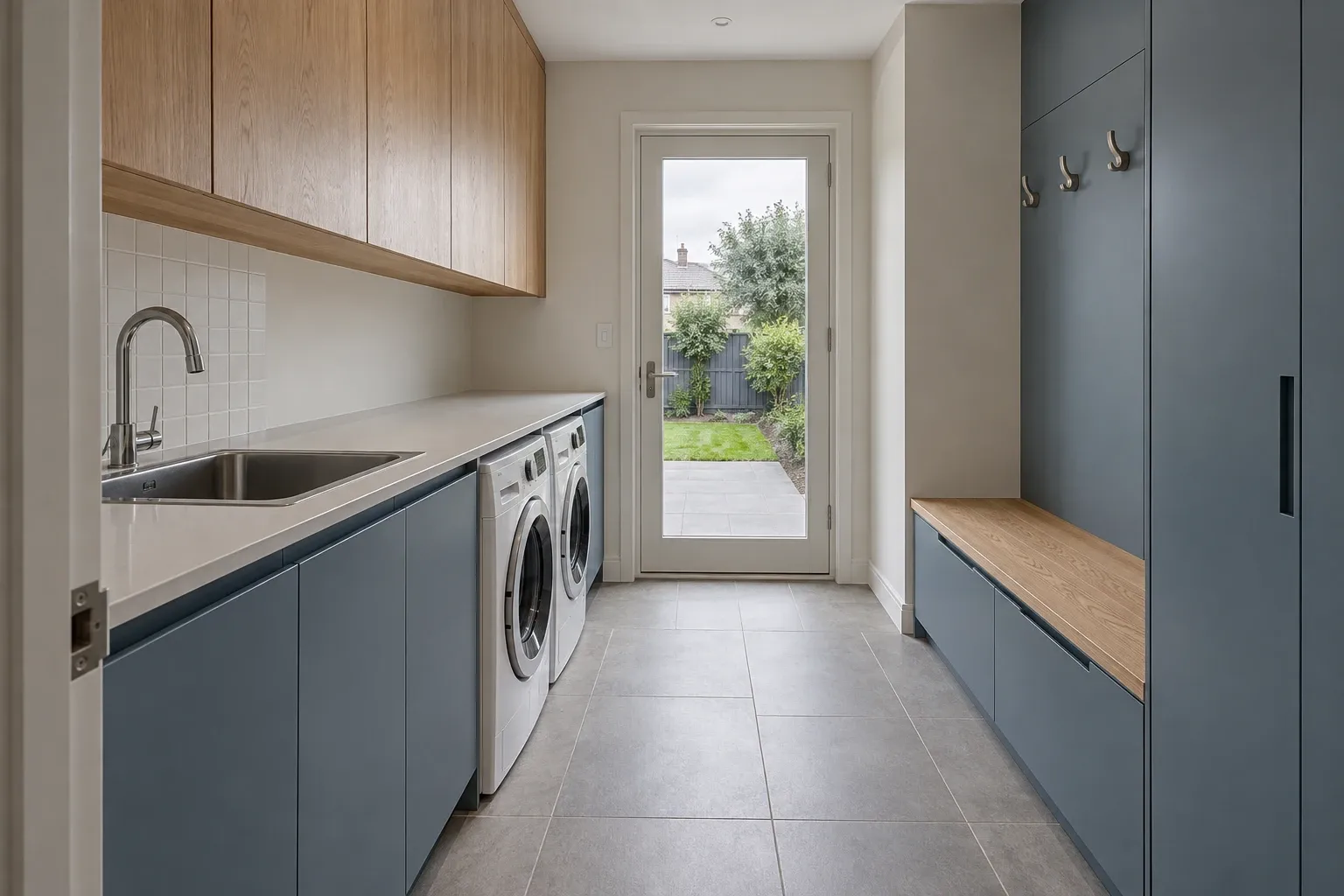 A laundry with a seat by the back door — laundry design inspiration