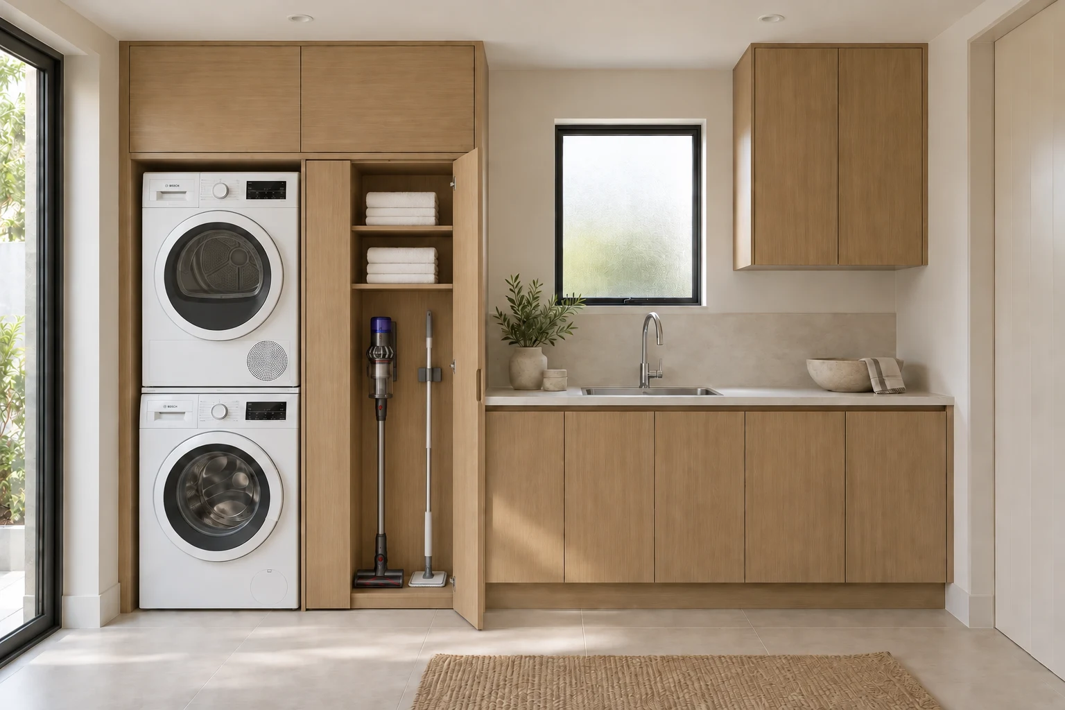 Laundry concept with stacked appliances and an open utility cupboard holding a vacuum, mop and linen