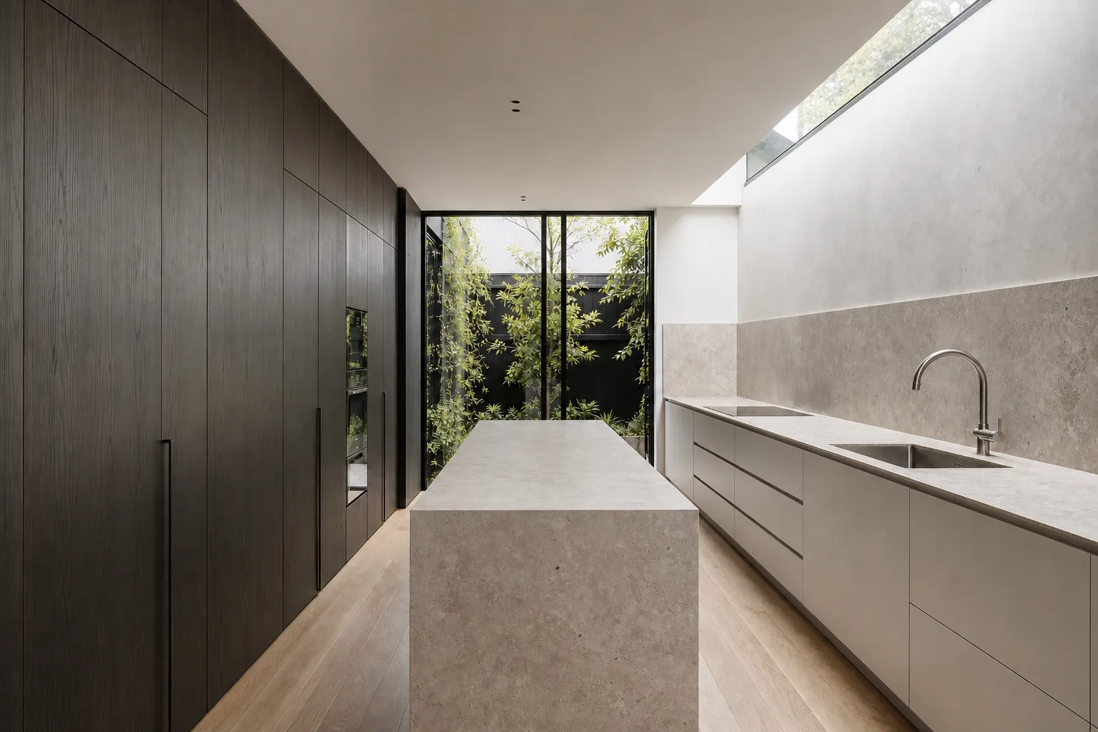 Warm completed kitchen with timber cabinetry, stone island and garden outlook
