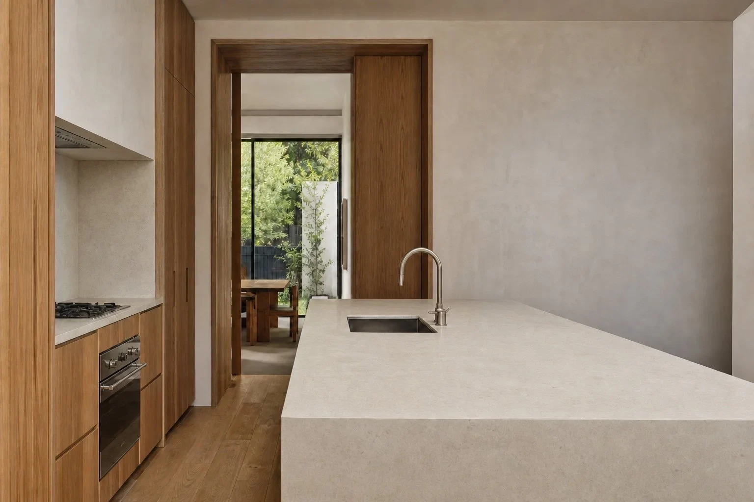 Timber kitchen with pale stone island and a view into the garden