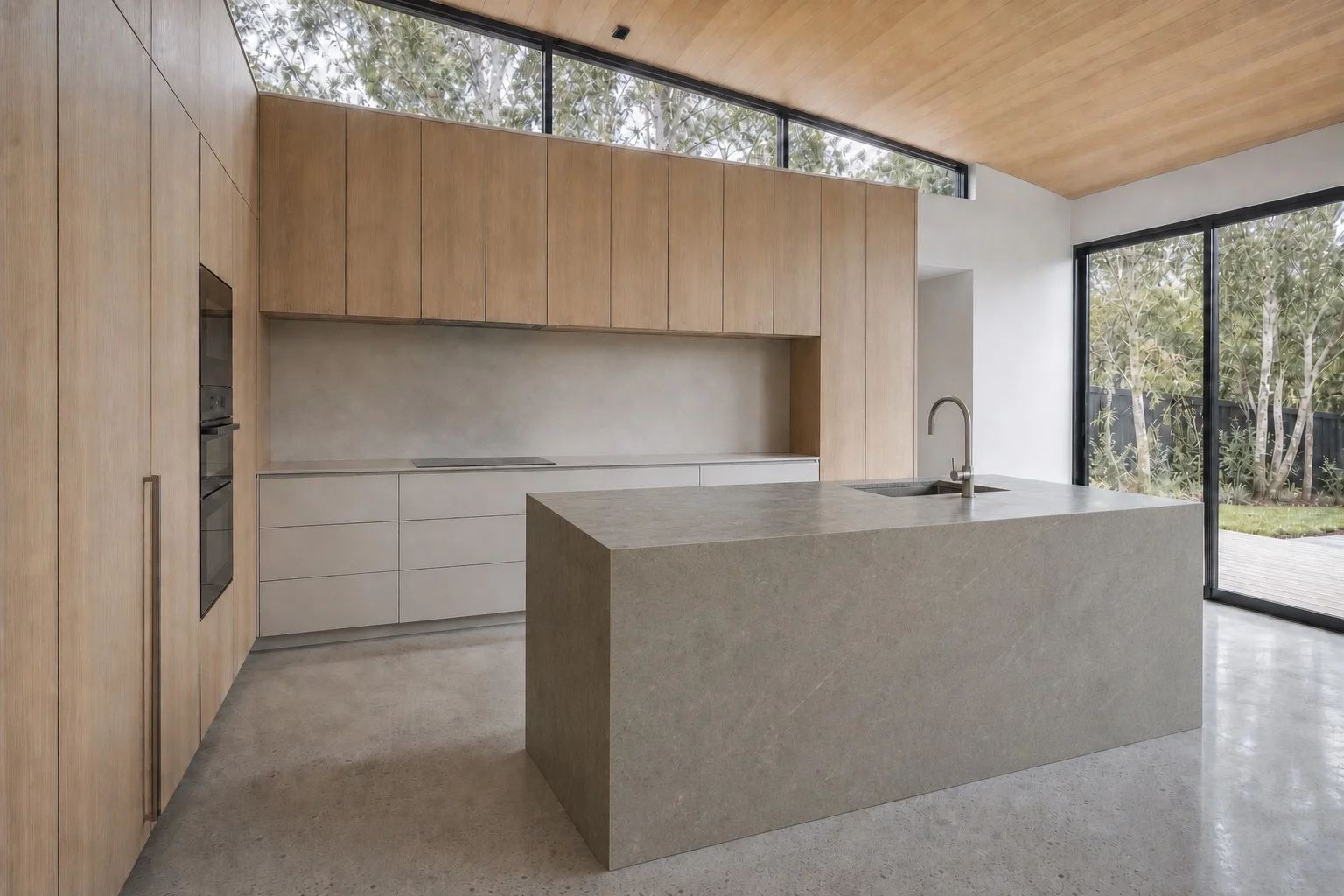 Kitchens inspiration: kitchen with timber cabinetry, stone island and garden outlook