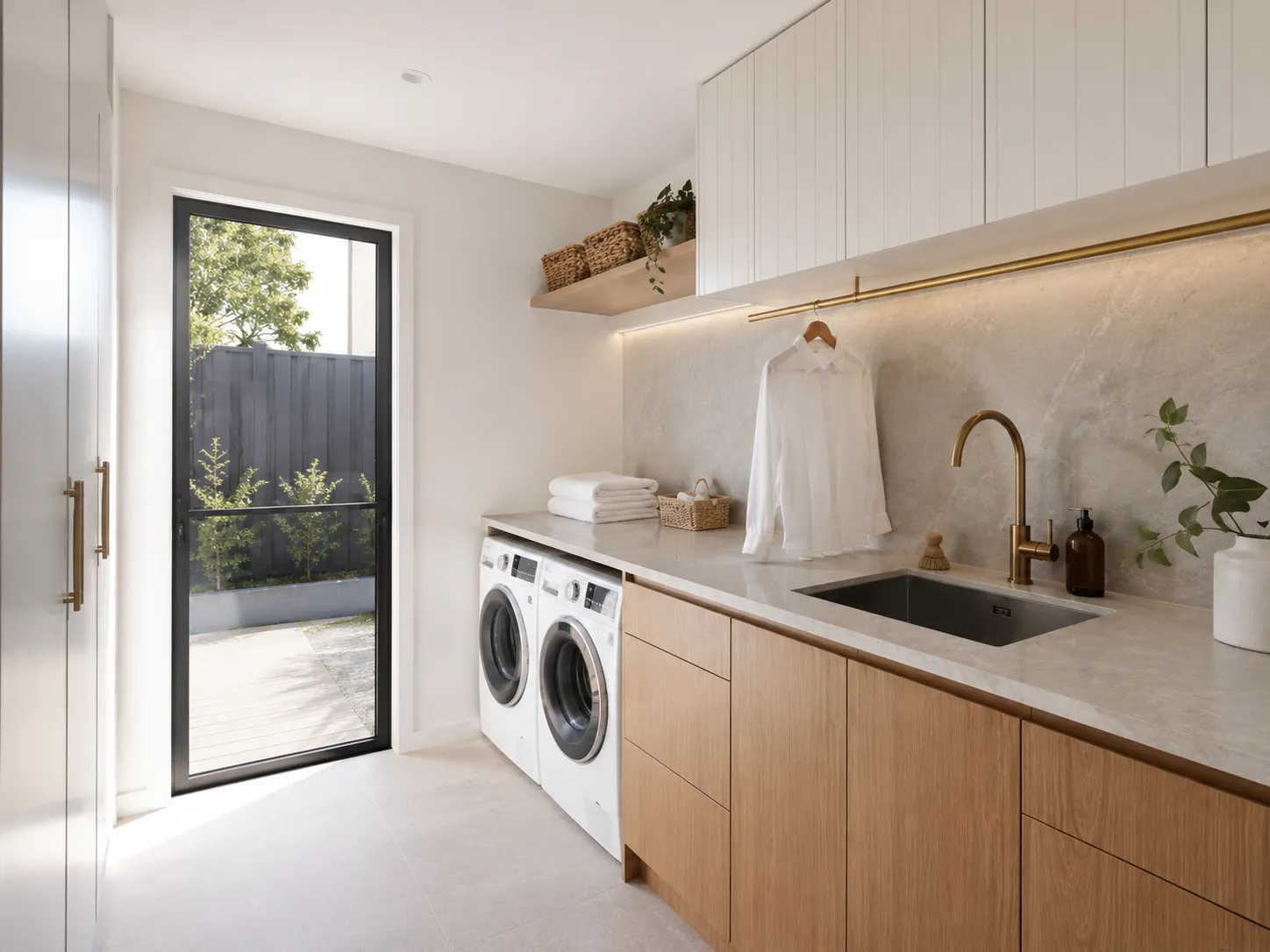 Completed light timber laundry with integrated cabinetry and appliances