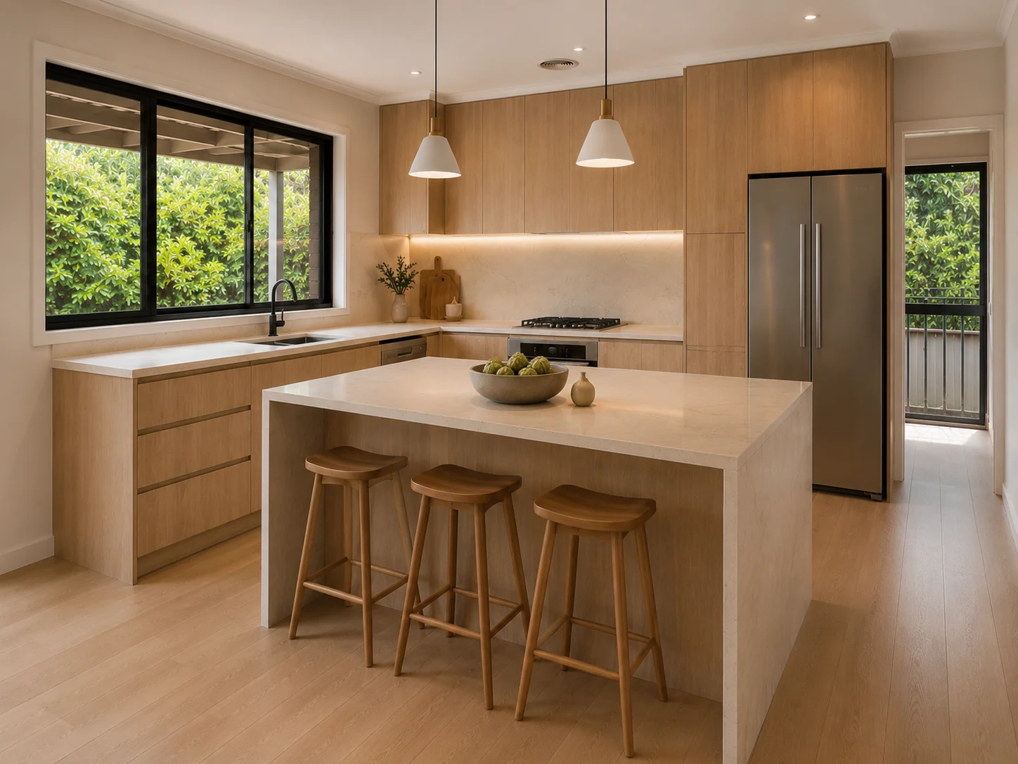 Kitchen inspiration with warm timber cabinetry, a stone island and garden outlook