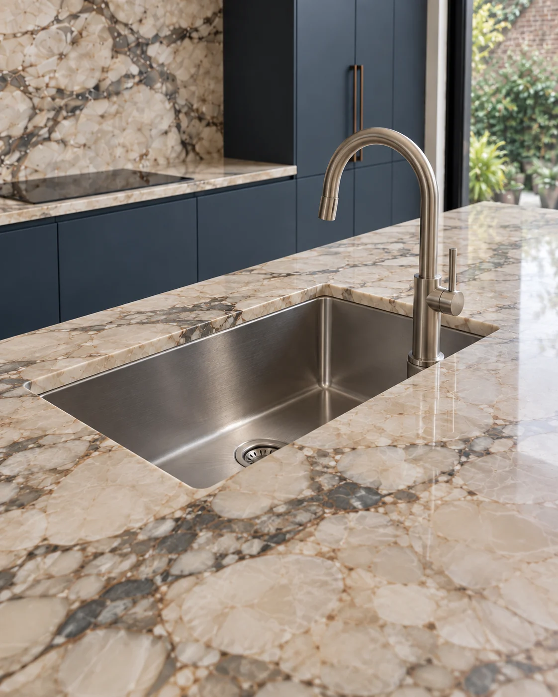 Close detail of an undermount stainless steel sink and brushed nickel mixer set into cream veined stone