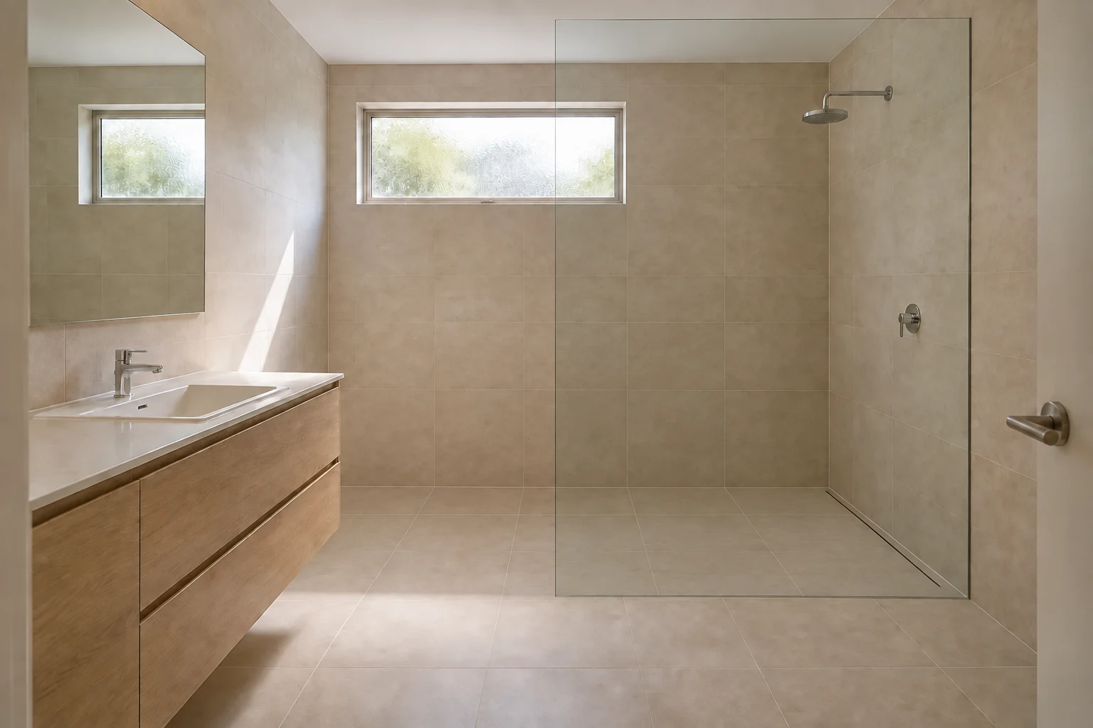 The same bathroom concept with a wider walk-in shower replacing the bath