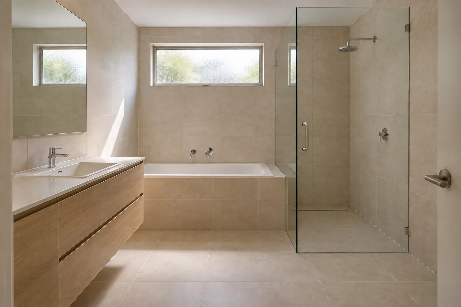 Bathroom concept with a bath and separate shower