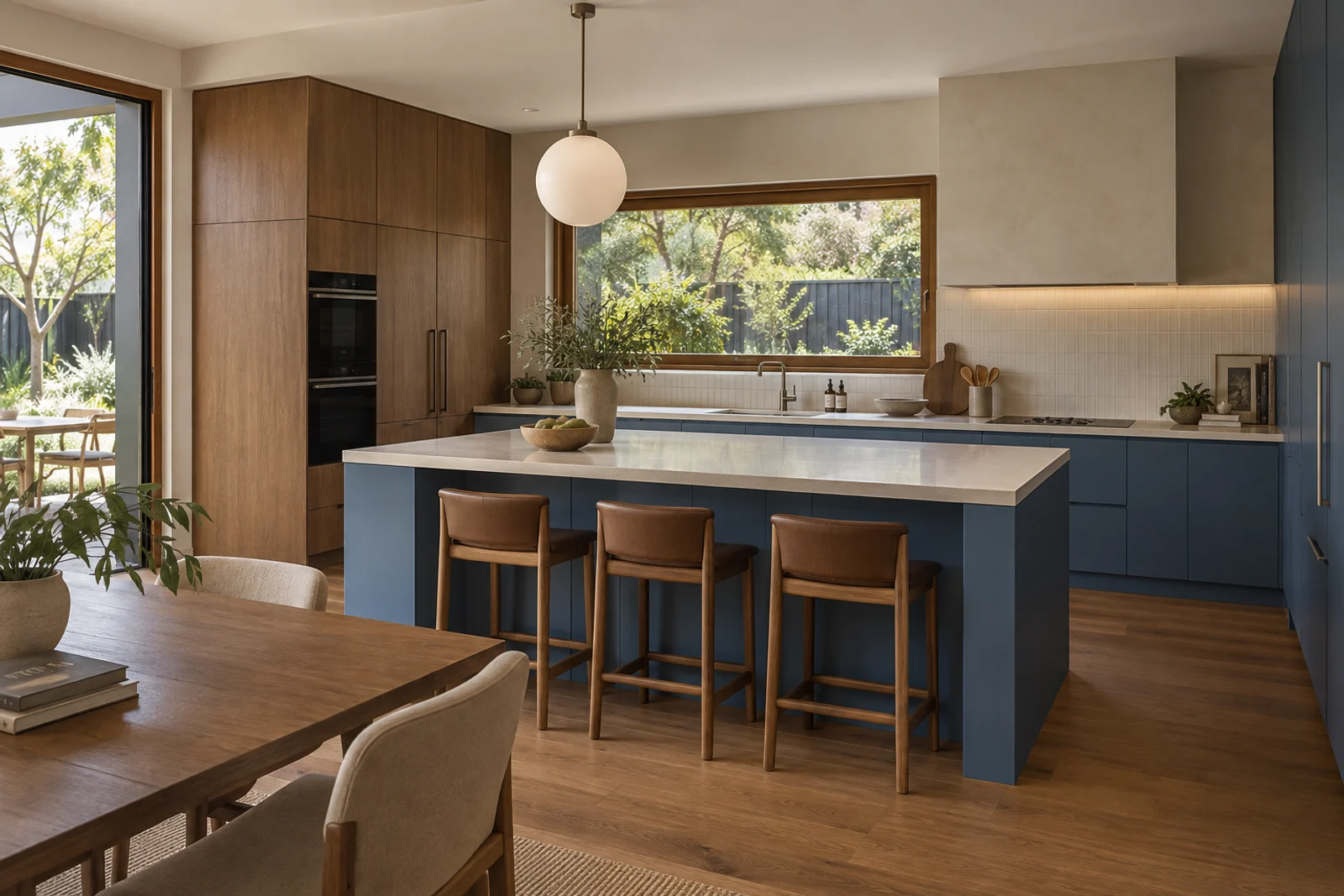Mineral-blue kitchen, oak pantry and leather stools.