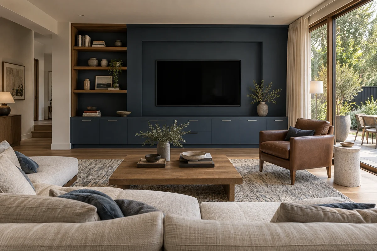 Ink-blue television joinery, oak shelving and a linen sofa