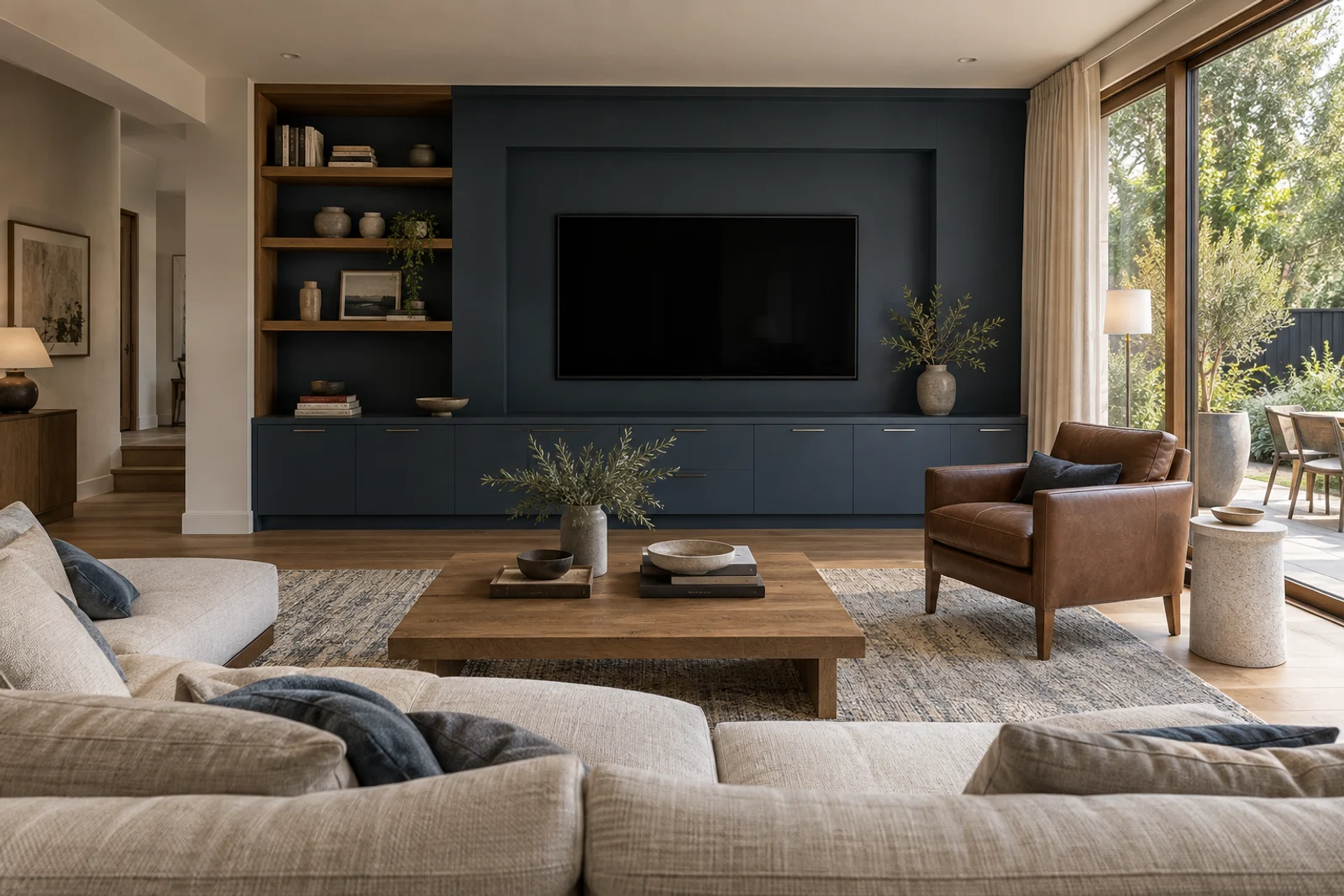 Ink-blue TV joinery with oak shelving, linen and leather.