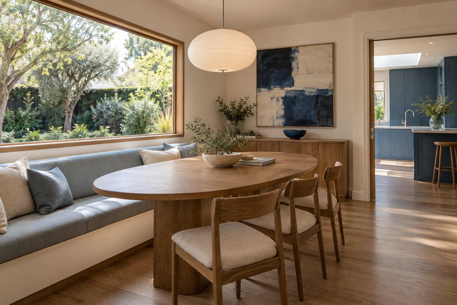 A softly upholstered blue banquette beside an oak dining table.
