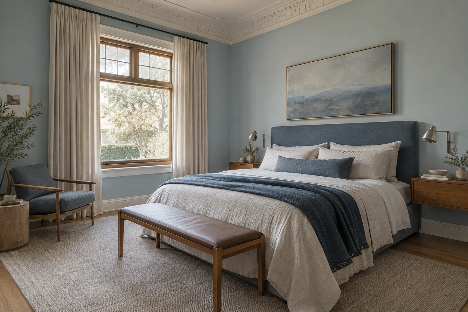 Pale blue walls, linen bedding and a deeper upholstered bedhead.