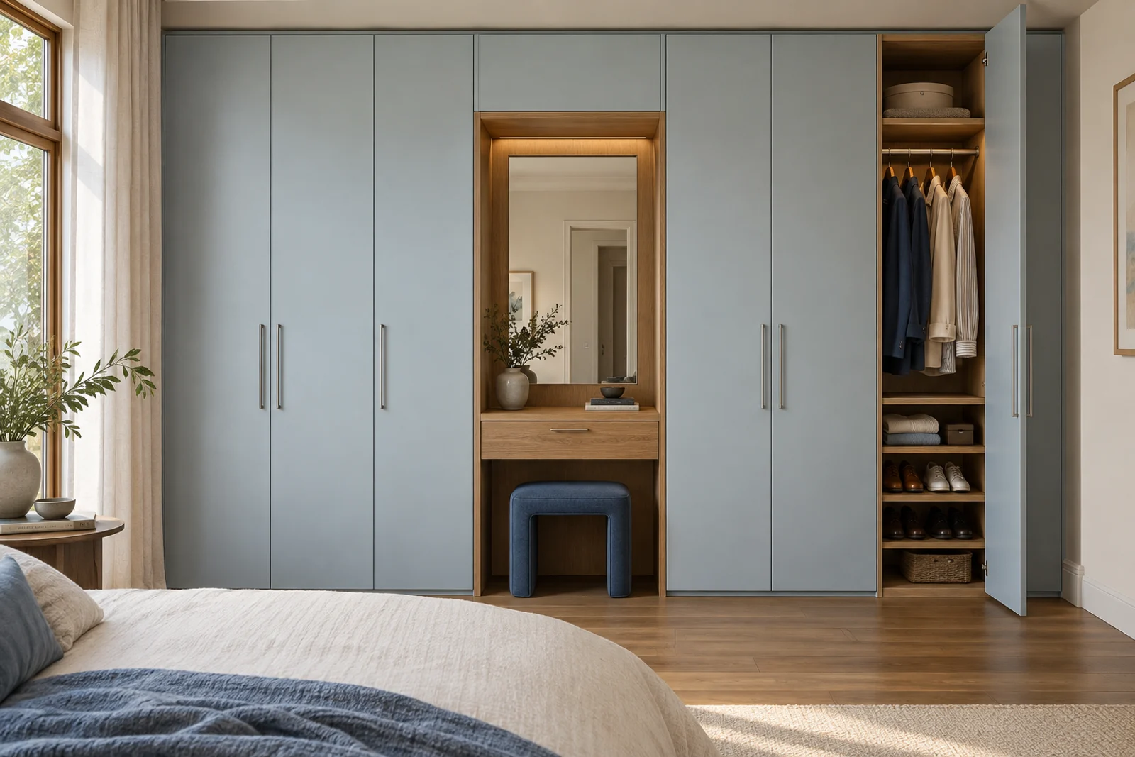 Pale-blue robes with an oak-lined dressing recess.