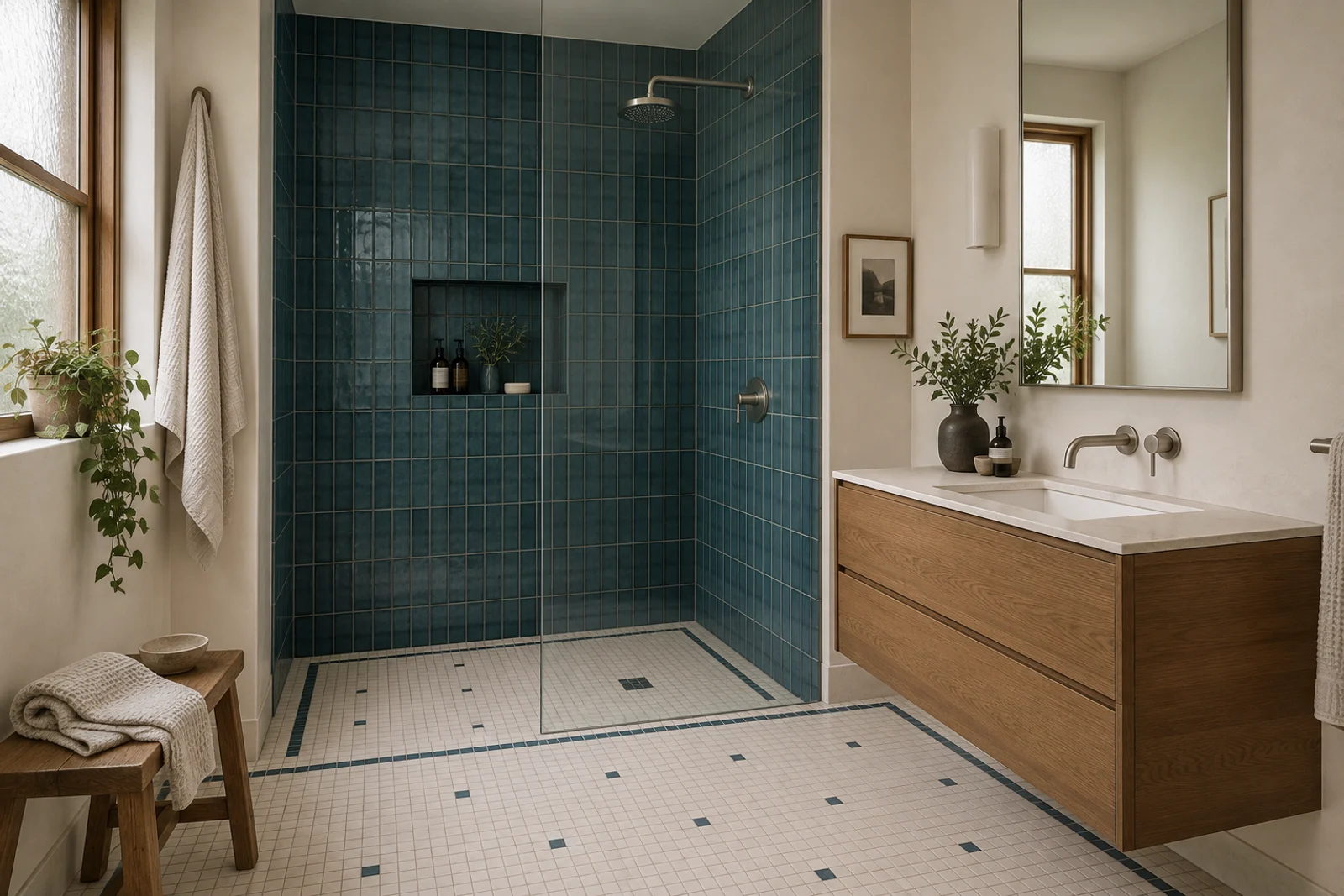 Deep glazed blue tile, oak and a small patterned floor.