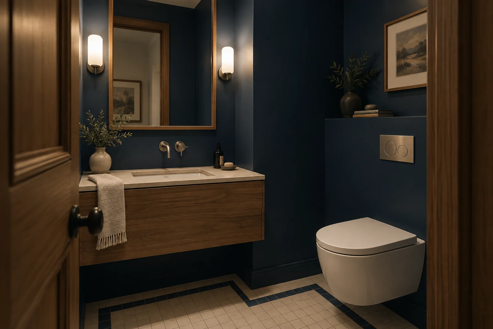 An intimate powder room in ink blue and warm timber.