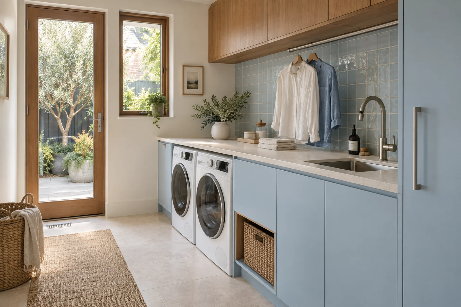 Lighter blue, useful folding space and a hanging rail.