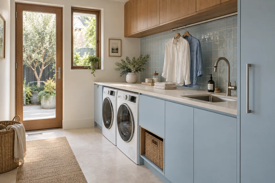 Blue laundry cabinetry with oak storage, a hanging rail and a continuous folding bench