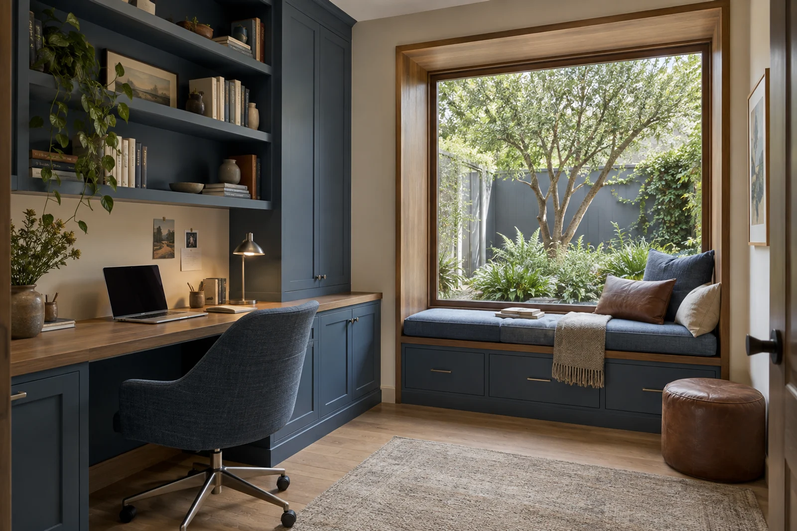 A desk, bookshelves and a window seat, designed together.