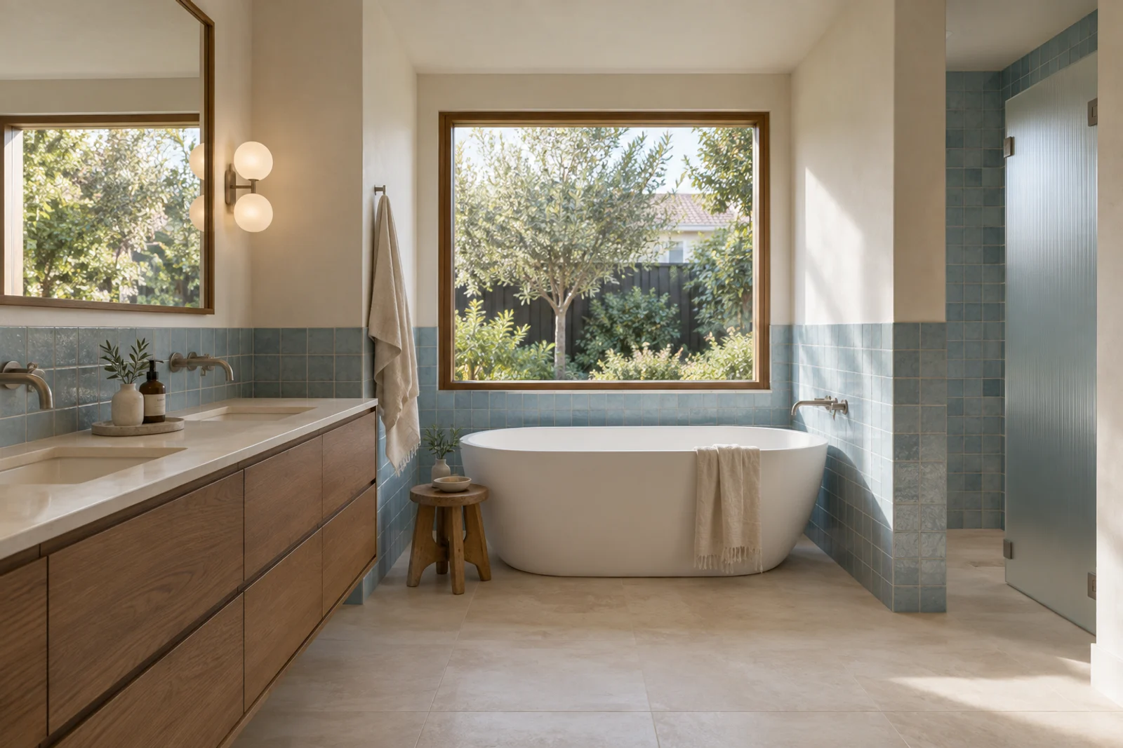 Watery blue tiles and a garden outlook around the bath.