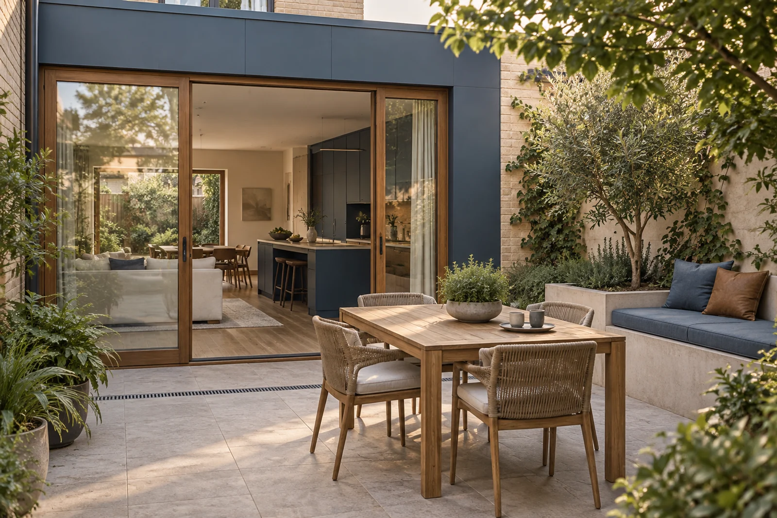 Blue returns in the garden, with timber, planting and a built-in seat.